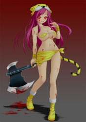 Rule 34 | 1990s (style), 1girl, axe, bare shoulders, bikini, bikini top only, blood, boots, breasts, cleavage, evil, faris scherwiz, fate (series), female focus, final fantasy, final fantasy v, hat, heracles (fate), highres, long hair, midriff, miniskirt, purple hair, red eyes, retro artstyle, skirt, solo, swimsuit, tail, uchouten, underboob, weapon, wristband, yandere