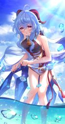 Rule 34 | 1girl, ahoge, bare arms, bare legs, bare shoulders, bell, bird, blue hair, blue sky, blush, bodysuit, breasts, day, ganyu (genshin impact), genshin impact, goat horns, highres, horns, ktm, large breasts, long hair, looking at viewer, neck bell, no gloves, no legwear, ocean, parted lips, purple eyes, sidelocks, sky, sleeveless, solo, sunlight, tassel, thighs, wading, waist cape, water drop, wet, wet clothes, wet hair, wringing clothes
