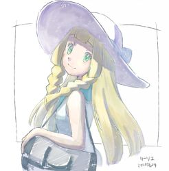Rule 34 | 1girl, 7070 015, bag, blonde hair, braid, creatures (company), dated, dress, duffel bag, from side, game freak, green eyes, hat, lillie (pokemon), long hair, looking to the side, nintendo, pokemon, pokemon sm, side braid, simple background, sleeveless, sleeveless dress, smile, solo, sun hat, twin braids, upper body, white background, white dress, white hat