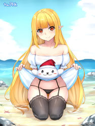 Rule 34 | 1girl, artist name, beach, black thighhighs, blonde hair, blush, breasts, closed mouth, collarbone, day, dungeon and fighter, garter straps, large breasts, long hair, looking at viewer, mage (dungeon and fighter), pointy ears, red eyes, seiza, shaojiang, sitting, smile, solo, thighhighs