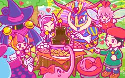 Rule 34 | 6+girls, adeleine, banana, bee, beret, black hair, blue eyes, blue hair, blush stickers, bouncy (kirby), bow, bug, chocolate fountain, chuchu (kirby), claycia, drawcia, drooling, eating, elline (kirby), food, fruit, gloves, grey skirt, hat, heart, insect, kirby, kirby: planet robobot, kirby (series), marshmallow, multicolored hair, multiple girls, nintendo, official art, peeking out, pink hair, queen sectonia, rayman limbs, ribbon (kirby), short hair, skirt, smock, star rod, strawberry, streaked hair, susie (kirby), tree, valentine, whispy woods, witch hat