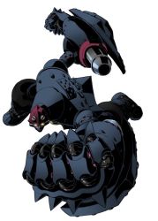 Rule 34 | big o (mecha), clenched hands, from above, glowing, glowing eyes, mecha, no humans, piston, punching, robot, shield, simple background, the big o, white background