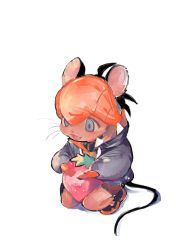 Rule 34 | 1boy, animal ears, black footwear, black hair, blue eyes, blush, commentary, creatures (company), danki tm99, dark-skinned male, dark skin, fang, food, fruit, game freak, grey hoodie, holding, holding food, holding fruit, hood, hood down, hoodie, long sleeves, male focus, mini person, miniboy, mouse boy, mouse ears, mouse tail, nintendo, open mouth, orange headwear, pokemon, pokemon swsh, raihan (pokemon), shoes, short hair, shorts, smile, solo, strawberry, symbol-only commentary, tail, tongue, whiskers, white background
