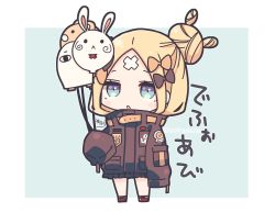 Rule 34 | 1girl, abigail williams (fate), abigail williams (traveling outfit) (fate), balloon, bandaid, bandaid on face, bandaid on forehead, belt, black bow, black jacket, blonde hair, blue eyes, bow, chibi, crossed bandaids, fate/grand order, fate (series), forehead, hair bow, hair bun, heroic spirit traveling outfit, highres, holding, holding balloon, jacket, long hair, long sleeves, looking at viewer, multiple hair bows, official alternate costume, open mouth, orange belt, orange bow, parted bangs, single hair bun, sleeves past fingers, sleeves past wrists, sofra, solo