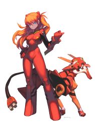 Rule 34 | 1girl, adapted costume, animalization, armor, artist name, blue eyes, breasts, cable, cable tail, electric plug, eva 02, full body, hair between eyes, half-closed eyes, hand on own hip, legs apart, long hair, mechanical tail, morry, narrow waist, neon genesis evangelion, orange hair, parted bangs, plugsuit, red armor, simple background, skin tight, small breasts, souryuu asuka langley, tail, two side up, white background