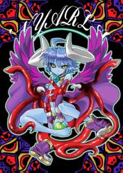 Rule 34 | 1girl, apple, bare legs, blue hair, blue skin, boots, breasts, colored skin, demon girl, female focus, food, fruit, horns, jewelry, leotard, looking at viewer, nyarla, pointy ears, shinrabanshou, sitting, small breasts, solo, demon girl