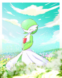 Rule 34 | 1girl, ^ ^, blue flower, blue sky, blurry, blurry foreground, blush, bob cut, border, closed eyes, closed mouth, cloud, colored skin, creatures (company), day, female focus, field, flat chest, flower, flower field, full body, game freak, gardevoir, gen 3 pokemon, grass, green hair, green skin, happy, highres, multicolored skin, nintendo, outdoors, outside border, own hands together, pokemon, pokemon (creature), purple flower, ragia, short hair, sideways mouth, sky, smile, solo, standing, two-tone skin, white border, white flower, white skin, yellow flower