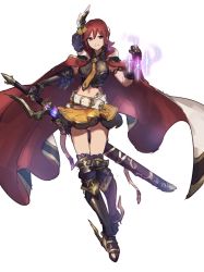 Rule 34 | 1girl, armored boots, belt, belt buckle, black gloves, blue eyes, boots, brown neckwear, brown skirt, buckle, cape, closed mouth, crop top, earrings, elbow gloves, full body, gloves, hair ornament, highres, holding, holding sword, holding weapon, jewelry, kaname buccaneer, layered skirt, looking at viewer, macross, macross delta, midriff, miniskirt, navel, red cape, red hair, sheath, sheathed, shimatani azu, short hair, simple background, skirt, smile, solo, standing, stomach, sword, thigh boots, thighhighs, weapon, white background, white belt