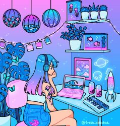 Rule 34 | 1girl, arm tattoo, blue butterfly, blue eyes, blue hair, blue shorts, blue tank top, bug, butterfly, cactus, can, chair, closed mouth, commentary, computer, constellation, constellation print, crescent moon, crop top, elbow on table, emily kim, english commentary, feet out of frame, fish, fish tank, floral print, flower tattoo, from behind, gradient background, gradient hair, gradient sky, hand on own chin, hanging light, headphones, indoors, insect, instrument, jellyfish, keyboard (instrument), lamp, laptop, lava lamp, lightning bolt symbol, limited palette, looking at screen, monstera deliciosa, moon, multicolored hair, neon lights, neon palette, on chair, original, pink clouds, pink hair, plant, polaroid, poster (object), potted plant, shelf, shorts, sky, solo, sparkle, string lights, succulent plant, tank top, tattoo, wave print, waves, whorled clouds