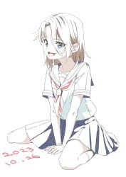Rule 34 | 1girl, blue eyes, check copyright, copyright request, highres, light brown hair, looking at viewer, neckerchief, open mouth, original, papiyon1297, red neckerchief, school uniform, serafuku, short sleeves, simple background, sitting, skirt, smile, solo, v arms, white background
