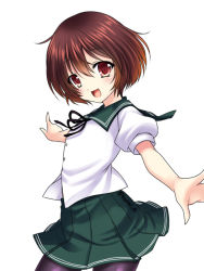 Rule 34 | 10s, 1girl, :d, asazuki kanai, blush, brown eyes, brown hair, gradient hair, hair between eyes, kantai collection, looking at viewer, multicolored hair, mutsuki (kancolle), open mouth, outstretched arms, outstretched hand, pantyhose, pleated skirt, school uniform, serafuku, short hair, simple background, skirt, smile, solo, twitter username, white background