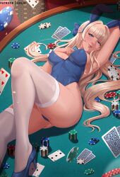 Rule 34 | 1girl, ace (playing card), ace of diamonds, ace of spades, animal ears, aqua bow, aqua bowtie, arm pillow, artist name, blonde hair, blue archive, blue bow, blue eyes, blue footwear, blue hair, blue leotard, bow, bowtie, braid, breasts, card, covered navel, detached collar, diamond (shape), exlic, fake animal ears, floating card, hair bow, hand on own chest, high heels, highleg, highleg leotard, highres, indoors, knee up, large breasts, legs, leotard, light smile, long hair, looking at viewer, lying, multicolored hair, no halo, official alternate costume, on back, on table, parted lips, patreon username, playboy bunny, playing card, poker chip, poker table, pumps, rabbit ears, solo, spade (shape), strapless, strapless leotard, streaked hair, table, teeth, thighhighs, toki (blue archive), toki (bunny) (blue archive), very long hair, white thighhighs, white wrist cuffs, wrist cuffs