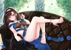 Rule 34 | 1girl, azur lane, blush, brown hair, couch, feet, flower, hairband, independence (azur lane), long hair, looking at viewer, parted lips, petals, red eyes, rose, rose petals, toes