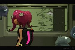Rule 34 | 1girl, 2024, agent 8 (splatoon), arms at sides, ash011023, backpack, bag, black shirt, black skirt, commentary request, crop top, dated, facing away, fish, highres, ink tank (splatoon), letterboxed, long hair, looking outside, midriff peek, miniskirt, nintendo, octoling, octoling girl, octoling player character, pink hair, shirt, signature, skirt, sleeveless, sleeveless shirt, splatoon (series), splatoon 2, splatoon 2: octo expansion, suction cups, tentacle hair, train interior, wristband