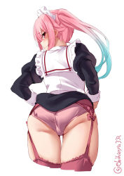 Rule 34 | 1girl, ass, back, blue hair, clothes lift, cowboy shot, ebifurya, frills, garter straps, gradient hair, harusame (kancolle), highres, kantai collection, looking back, maid, maid headdress, multicolored hair, one-hour drawing challenge, panties, pink hair, pink panties, red eyes, side ponytail, simple background, skirt, skirt lift, thighhighs, twitter username, underwear, white background