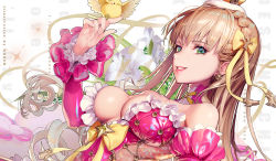 Rule 34 | 1girl, bare shoulders, bird, braid, breasts, crown, destiny child, detached collar, detached sleeves, earrings, frills, full body, green eyes, hair ornament, hand up, highleg, highleg leotard, highres, jewelry, kkuem, large breasts, leotard, long hair, long sleeves, looking at viewer, mini crown, official art, parted lips, pink leotard, pink lips, revealing clothes, see-through, shiny clothes, smile, solo, teiwaz (destiny child), very long hair