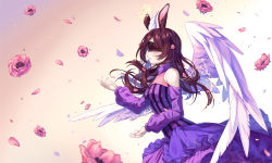 Rule 34 | 1girl, animal ears, artist name, black blindfold, blindfold, blurry, blurry foreground, blush, borrowed character, breasts, brown hair, commission, covered eyes, depth of field, detached sleeves, dress, feathered wings, flower, frilled dress, frills, from side, glowing, gradient background, hair flower, hair ornament, highres, hyanna-natsu, layered dress, long hair, long sleeves, medium breasts, original, parted lips, pink flower, profile, purple dress, rabbit ears, solo, striped clothes, striped dress, upper body, vertical-striped clothes, vertical-striped dress, white wings, wings, yellow background