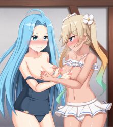 Rule 34 | 2girls, ahoge, bikini, blonde hair, blue eyes, blue hair, blush, breasts, breasts out, closed mouth, competition swimsuit, flower hair ornament, gradient hair, granblue fantasy, green hair, highres, io (granblue fantasy), licking lips, long hair, lyria (granblue fantasy), multicolored hair, multiple girls, nipple stimulation, nipple tweak, official alternate costume, one-piece swimsuit, paradox 1818, small breasts, standing, swimsuit, tagme, tan, tongue, tongue out, trembling, twintails, white bikini, yuri