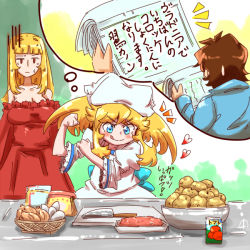 Rule 34 | 1boy, 2girls, ^ ^, anyamal tantei kirumin zoo, basket, blonde hair, breasts, cleavage, clenched hand, collarbone, cooking, cutting board, dress, egg, closed eyes, hat, hatori kanon, heart, inomata ken, knife, large breasts, long hair, multiple girls, onion, package, potato, red dress, shimetta seiya, thought bubble, translated, turn pale, twintails, very long hair, white dress