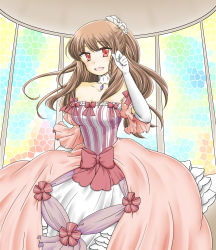 Rule 34 | 00s, 1girl, bare shoulders, bell line gown, bow, breasts, brown hair, collar, dress, elbow gloves, female focus, gloves, gown, highres, jewelry, long hair, nyosuke, pandora hearts, ponytail, red eyes, sharon rainsworth, sleeveless, smile, solo, white gloves
