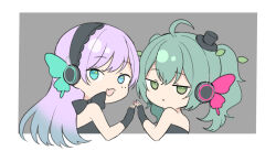Rule 34 | 2girls, :&lt;, :d, bare shoulders, black dress, black gloves, black hairband, black hat, blue eyes, chibi, closed mouth, cropped torso, dress, fang, fingerless gloves, from side, gloves, gradient hair, green eyes, green hair, grey background, hair between eyes, hairband, hat, hatsune miku, heterochromia, leaf, long hair, looking at viewer, looking to the side, magnet (vocaloid), megurine luka, midorikawa you, mini hat, mini top hat, multicolored hair, multiple girls, open mouth, smile, star (symbol), star in eye, strapless, strapless dress, symbol in eye, tilted headwear, top hat, twintails, two-tone background, upper body, vocaloid, white background