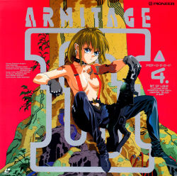 Rule 34 | 1990s (style), 1girl, android, armitage iii, belt, blonde hair, blue eyes, breasts, choker, cover, earrings, gloves, gun, injury, jewelry, laserdisc cover, leather, leather pants, medium breasts, naked suspenders, naomi armitage, official art, open fly, pants, retro artstyle, revealing clothes, scan, scar, short hair, sitting, solo, suspenders, topless, unzipped, weapon