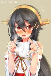 Rule 34 | 10s, 1girl, black hair, blush, brown background, brown eyes, commentary request, detached sleeves, embarrassed, full-face blush, hair ornament, hairband, hairclip, haruna (kancolle), holding, holding clothes, holding panties, holding underwear, japanese clothes, kantai collection, katoma, long hair, looking at viewer, nontraditional miko, panties, presenting removed panties, ribbon-trimmed sleeves, ribbon trim, simple background, solo, stained panties, striped clothes, striped panties, tears, twitter username, underwear, upper body, wavy mouth, white panties