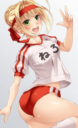 Rule 34 | 1girl, ass, blonde hair, braid, buruma, collarbone, fate/grand order, fate (series), green eyes, gym uniform, hair intakes, headband, looking at viewer, mukunokino isshiki, nero claudius (fate), nero claudius (fate) (all), nero claudius (fate/extra), nero claudius (olympian bloomers) (fate), official alternate costume, open mouth, simple background, solo, underwear, v