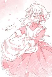 Rule 34 | 1girl, ahoge, alternate color, alternate hair length, alternate hairstyle, apron, apron hold, blush stickers, buttons, closed eyes, collared dress, commentary, dated, dress, facing to the side, feet out of frame, flower, frilled apron, frills, gradient background, happy, highres, kagerou project, kozakura marry, limited palette, mekakucity actors, open mouth, pastel colors, petals, petticoat, pink background, pink dress, pink flower, pink ribbon, ribbon, sa-fu (sfmk39), sidelocks, sleeve cuffs, sleeves past elbows, solo, twitter username, wavy hair, white apron, white background, white hair