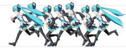 Rule 34 | 1girl, aqua eyes, aqua hair, bad id, bad pixiv id, character sheet, detached sleeves, eto, female focus, full body, hatsune miku, long hair, necktie, running, sequential, simple background, skirt, solo, thighhighs, twintails, very long hair, vocaloid, white background, zettai ryouiki
