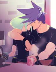 Rule 34 | 2boys, apri bot, arm around shoulder, blue hair, coffee, closed eyes, galo thymos, green hair, imminent kiss, jewelry, lio fotia, multiple boys, muscular, necklace, promare, ring, yaoi