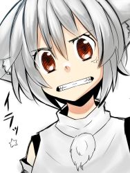 Rule 34 | &gt;:d, 1girl, :d, anger vein, angry, animal ears, artist request, clenched teeth, hair between eyes, inubashiri momiji, looking at viewer, open mouth, red eyes, simple background, smile, solo, teeth, touhou, upper body, v-shaped eyebrows, veins, white background, white hair, wolf ears
