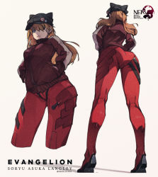 Rule 34 | 1girl, animal ears, animal hat, ass, black hat, blue eyes, bodysuit, bodysuit under clothes, brown hair, character name, copyright name, cowboy shot, cropped legs, daliyang, english text, evangelion: 3.0 you can (not) redo, eyepatch, fake animal ears, from behind, from below, frown, full body, hair over one eye, hands in pockets, hat, kneepits, legs apart, long hair, looking at viewer, multiple views, neon genesis evangelion, nerv, plugsuit, pocket, rebuild of evangelion, scowl, simple background, skin tight, souryuu asuka langley, standing, thighs, twitter username, white background, wide hips