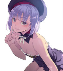 Rule 34 | 1girl, bare shoulders, beret, black hat, black one-piece swimsuit, blunt bangs, blush, breasts, casual one-piece swimsuit, cleavage, closed mouth, detached collar, downblouse, fate/grand order, fate (series), frilled swimsuit, frills, hat, helena blavatsky (fate), helena blavatsky (swimsuit archer) (fate), index finger raised, kawaty, leaning forward, looking at viewer, one-piece swimsuit, purple eyes, purple hair, ribbon, short hair, simple background, sitting, small breasts, smile, solo, strapless, strapless one-piece swimsuit, swimsuit, white background, white ribbon