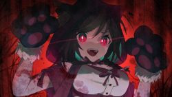 Rule 34 | 1girl, animal hands, black hair, blood, blood on clothes, blood splatter, breasts, cleavage, cleavage cutout, clothing cutout, commentary, commission, english commentary, fangs, gloves, glowing, glowing eyes, hazumi aileen, hood, hood up, indie virtual youtuber, large breasts, looking at viewer, open mouth, paw gloves, portrait, red eyes, second-party source, skeb commission, smile, solo, tissuebox (artist), virtual youtuber