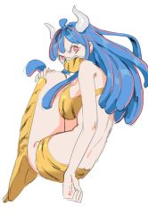 Rule 34 | animal hands, animal print, bikini, blue hair, cosplay, glaring, horns, long hair, lum, lum (cosplay), mask, mouth mask, multicolored hair, one piece, raine (acke2445), red eyes, swimsuit, thighhighs, tiger paws, tiger print, two-tone hair, ulti (one piece), yellow bikini, yellow thighhighs