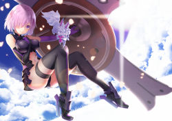 Rule 34 | 1girl, arm between breasts, armor, between breasts, black footwear, black gloves, black leotard, black thighhighs, blue sky, blush, boots, breasts, closed mouth, clothing cutout, cloud, cloudy sky, day, elbow gloves, fate/grand order, fate (series), faulds, fou (fate), gloves, hair over one eye, hand on own chest, high heel boots, high heels, highres, large breasts, lens flare, leotard, looking at viewer, mash kyrielight, mirea, navel, navel cutout, outdoors, purple eyes, purple gloves, purple hair, shield, short hair, sky, smile, solo, thigh strap, thighhighs, thighs
