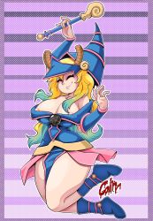Rule 34 | 1girl, absurdres, areola slip, arm up, blonde hair, boots, bracer, breasts, cleavage, closed mouth, collarbone, comicolin, cosplay, dark magician girl, dark magician girl (cosplay), dragon horns, duel monster, closed eyes, full body, gradient hair, green hair, hat, highres, horns, kobayashi-san chi no maidragon, large breasts, long hair, lucoa (maidragon), multicolored hair, polka dot, purple background, smile, solo, staff, thick thighs, thighs, two-tone hair, wizard hat, yu-gi-oh!