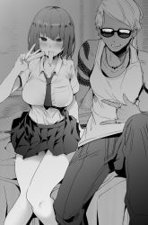Rule 34 | 1boy, 1girl, bralines, breasts, brother and sister, dark-skinned male, dark skin, food, greyscale, highres, ice cream, large breasts, monochrome, mouth hold, necktie, original, ryouma (galley), school uniform, see-through, siblings, sunglasses, tank top, tattoo, tupet, v