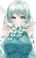 Rule 34 | 1girl, absurdres, aqua eyes, aqua sweater, artist name, bang dream!, blush, braid, breasts, closed mouth, commentary request, embarrassed, hands up, highres, holding, holding hair, large breasts, long hair, long sleeves, looking at viewer, low twin braids, low twintails, raised eyebrows, shirt, signature, sleeveless, sleeveless sweater, sleeveless turtleneck, solo, speech bubble, spoken blush, sweater, translated, turtleneck, turtleneck sweater, twin braids, twintails, upper body, wakamiya eve, wavy mouth, white hair, white shirt, ya-man