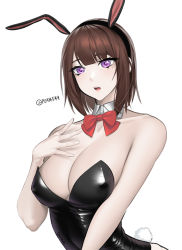 Rule 34 | 1girl, absurdres, animal ears, bad id, bad pixiv id, bare shoulders, black headband, black leotard, bow, bowtie, breasts, brown hair, cleavage, detached collar, fake animal ears, fake tail, hand up, headband, highres, large breasts, leotard, mole, mole under eye, norunollu, open mouth, original, playboy bunny, purple eyes, rabbit ears, rabbit tail, red bow, red bowtie, shadow, short hair, simple background, solo, strapless, strapless leotard, tail, twitter username, white background
