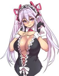 Rule 34 | 1girl, blush, bow, breasts, cleavage, demon maid (houtengeki), hair ribbon, hand on own chest, horns, houtengeki, large breasts, long hair, looking at viewer, maid, maid headdress, no legs, original, purple eyes, purple hair, ribbon, short sleeves, simple background, smile, solo, twintails, upper body, white background, wrist cuffs