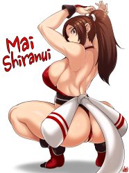 Rule 34 | 1girl, absurdres, arched back, ass, breasts, brown eyes, brown hair, cleft of venus, commentary, from behind, highres, huge breasts, jmg, large breasts, long hair, looking at viewer, looking back, partially visible vulva, ponytail, shiranui mai, sideboob, solo, the king of fighters, thick thighs, thighs, tiptoes, wedgie