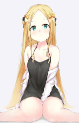 Rule 34 | abigail williams (fate), black bow, blonde hair, blue eyes, bow, colored skin, duplicate, fate/grand order, fate (series), forehead, highres, knees together feet apart, long hair, multiple bows, orange bow, parted bangs, parusu (ehyfhugj), polka dot, polka dot bow, simple background, sleeves past wrists, very long hair, white background, white skin
