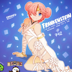 Rule 34 | 1girl, blue eyes, english text, fate/grand order, fate (series), frankenstein&#039;s monster (fate), hair over one eye, pink hair, ribbed legwear, srgrafo