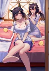 Rule 34 | 2girls, abukuma (azur lane), adjusting another&#039;s hair, alternate costume, animal ears, azur lane, barefoot, black bra, black hair, blush, bra, breasts, brown eyes, cleavage, collarbone, commentary request, curtains, feet, hair ornament, hairclip, highres, indoors, large breasts, long hair, looking at viewer, multiple girls, nagara (azur lane), on bed, open mouth, shirt, short sleeves, smile, toes, twintails, underwear, white shirt, you ni ge shaobing