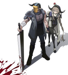 Rule 34 | 1boy, 1girl, animal ears, arknights, arm pouch, armband, armor, arms behind back, bandaged arm, bandages, belt, black footwear, black pants, blood, blood splatter, bloody weapon, blue shirt, braid, brown hair, coat, cow ears, cow horns, cow tail, demon horns, fingerless gloves, flower, flower on head, full body, gloves, green eyes, grey coat, grey hair, highres, holding, holding sword, holding weapon, horns, liang chan xing make tu, looking to the side, mask, multiple belts, muscular, muscular male, open mouth, pallas (arknights), pants, pantyhose, pauldrons, peeking out, planted, planted sword, planted weapon, pointy ears, pouch, red flower, rose, shadow, shirt, short hair, short hair with long locks, short sleeves, shoulder armor, simple background, single bare shoulder, single glove, single pauldron, skirt, sleeveless, sleeveless coat, standing, sword, tail, weapon, white background, white coat, white skirt