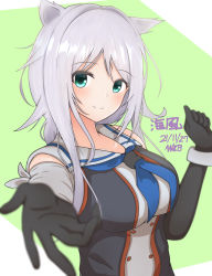 Rule 34 | 1girl, abataa, absurdres, black gloves, blue neckerchief, breasts, character name, clenched hand, collared shirt, commentary request, dated, elbow gloves, gloves, green eyes, highres, kantai collection, large breasts, neckerchief, outstretched arm, partial commentary, shirt, signature, silver hair, sleeveless, sleeveless shirt, smile, solo, umikaze (kancolle), umikaze kai ni (kancolle), upper body