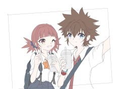 Rule 34 | 1boy, 1girl, couple, digimon, digimon xros wars, highres, hinomoto akari, kudou taiki, looking at another, low twintails, one eye closed, school uniform, skirt, smile, twintails, v, wink