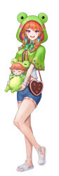 Rule 34 | 2girls, :d, animal hood, bag, blue shorts, braid, breasts, choker, cropped hoodie, feathers, foot up, frog hood, frogiwawa, full body, green choker, green feathers, green hoodie, green ribbon, handbag, heart-shaped bag, highres, hololive, hololive english, hood, hoodie, looking at viewer, medium breasts, mini person, minigirl, multicolored hair, multiple girls, neck ribbon, official alternate costume, official alternate hairstyle, onesie, open mouth, orange hair, pink eyes, ribbon, sandals, short shorts, shorts, smile, standing, streaked hair, takanashi kiara, takanashi kiara (casual), thighs, twin braids, virtual youtuber, yger